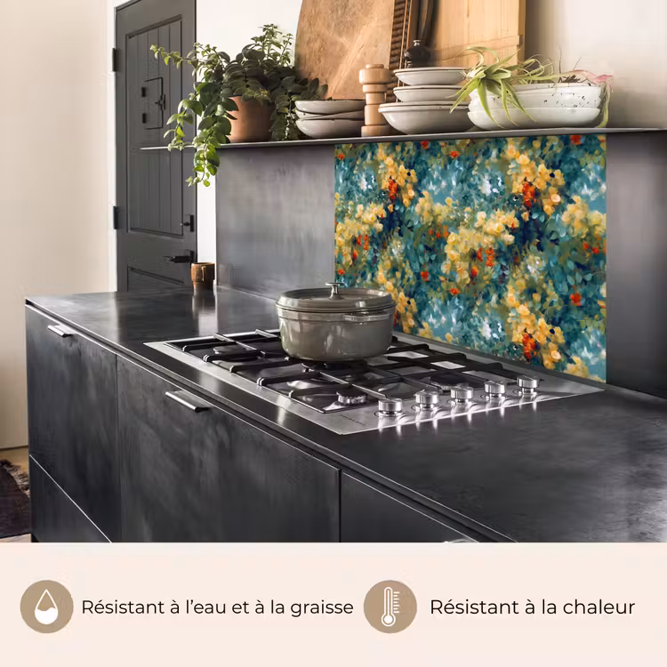 Crédence cuisine - Jaune - Fleurs - Vert - Feuilles — 4