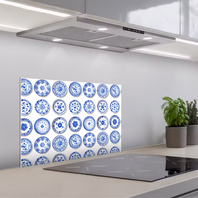 Fond de hotte - Assiettes - Fleurs - Motif - Bleu — 1