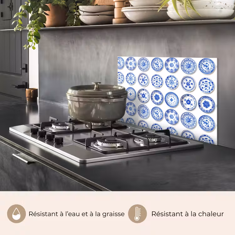 Fond de hotte - Assiettes - Fleurs - Motif - Bleu — 2