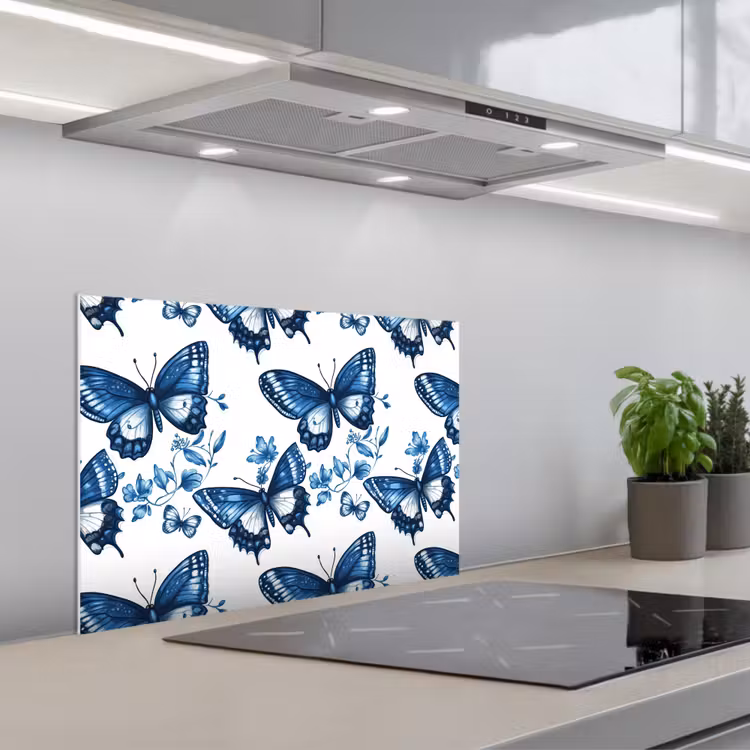 Fond de hotte - Bleu - Papillons - Fleurs - Blanc — 1