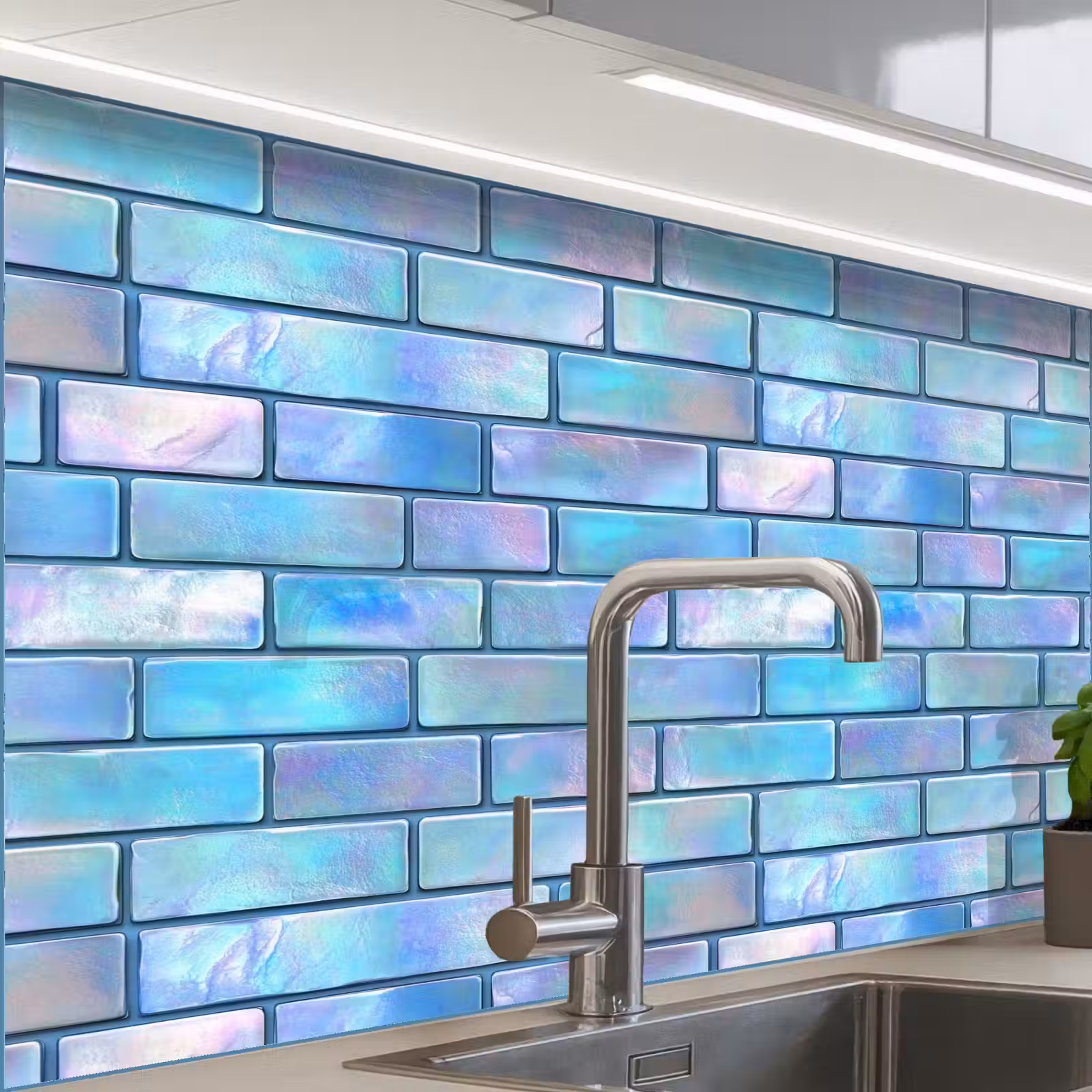 Crédence cuisine - Bleu - Brillant - Mural — 1