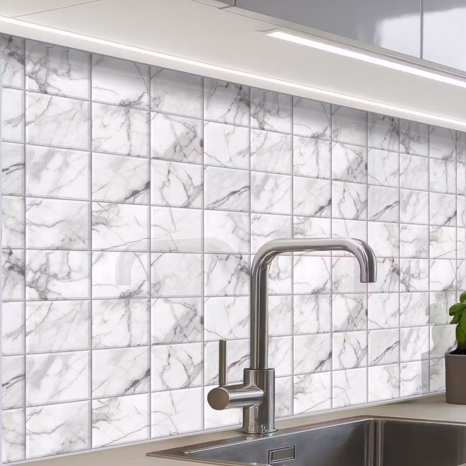 Crédence cuisine - Marbre - Carreaux - Gris - Blanc — 1