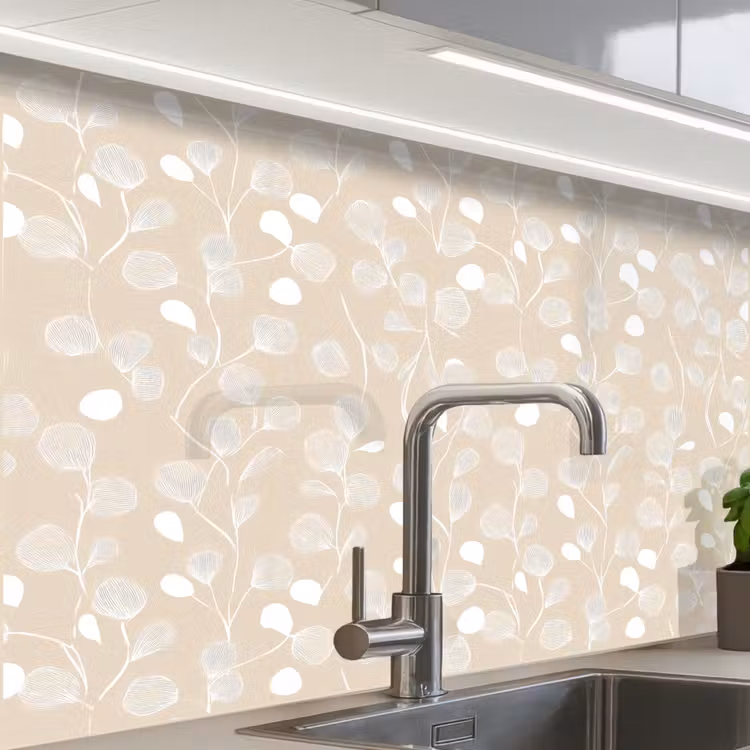 Crédence cuisine - Feuilles - Motif - Beige - Blanc — 1