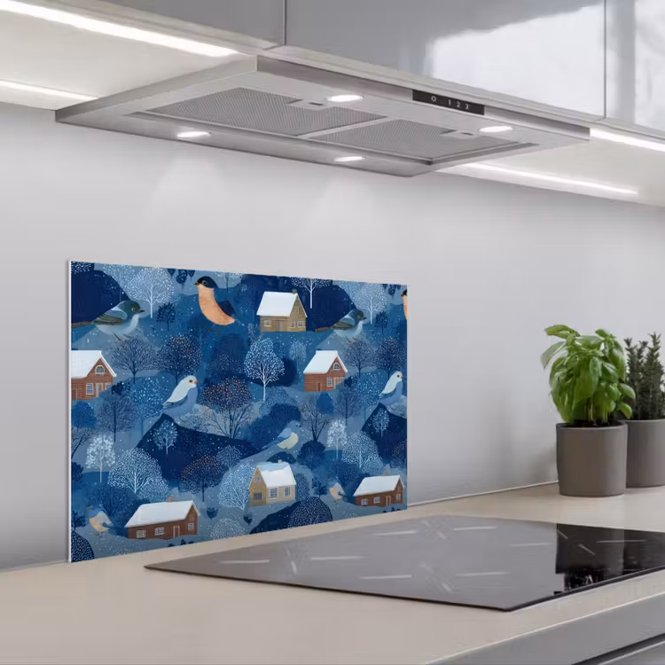 Fond de hotte - Maisons - Oiseaux - Neige - Bleu — 1