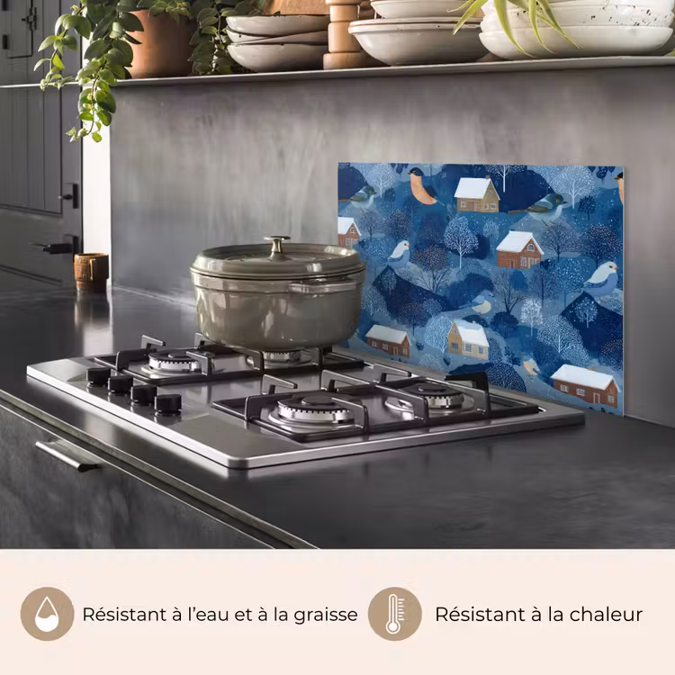 Fond de hotte - Maisons - Oiseaux - Neige - Bleu — 2