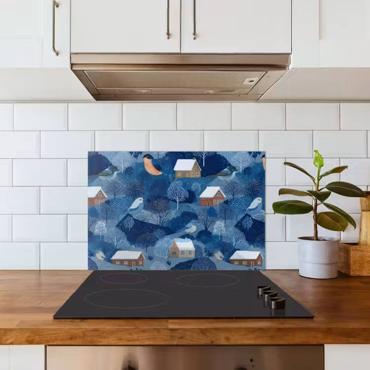 Fond de hotte - Maisons - Oiseaux - Neige - Bleu — 3