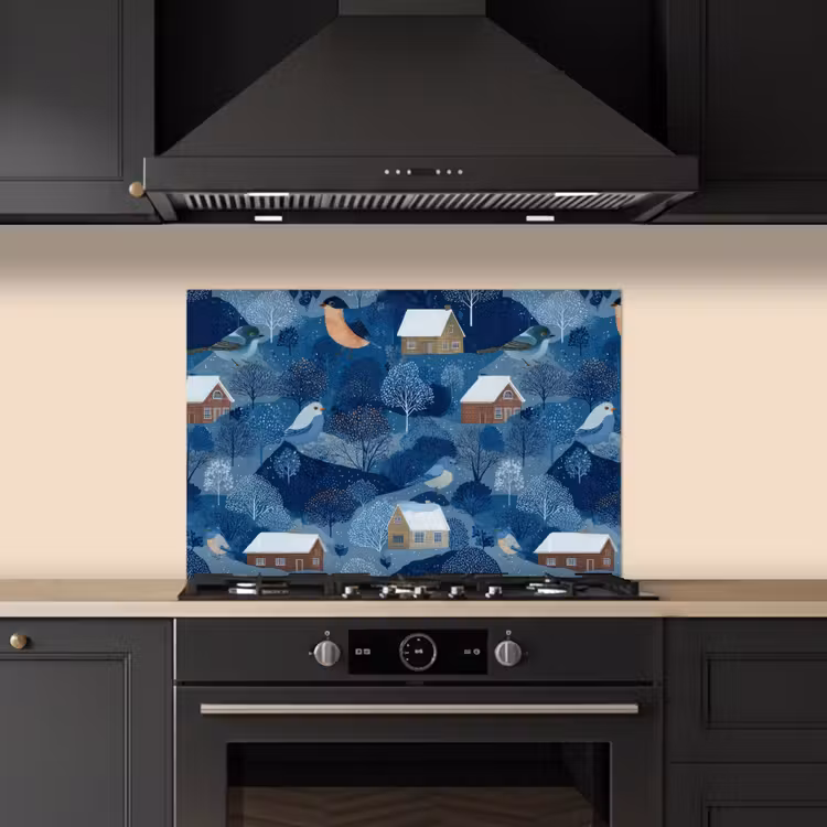 Fond de hotte - Maisons - Oiseaux - Neige - Bleu — 5