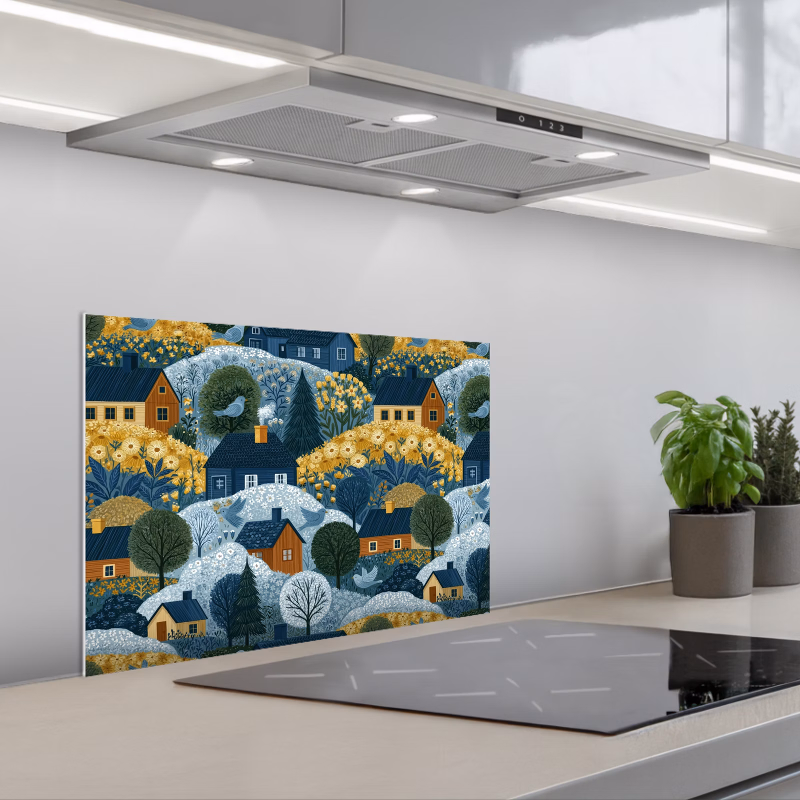 Fond de hotte - Maisons - Fleurs - Motif - Jaune - Bleu — 1