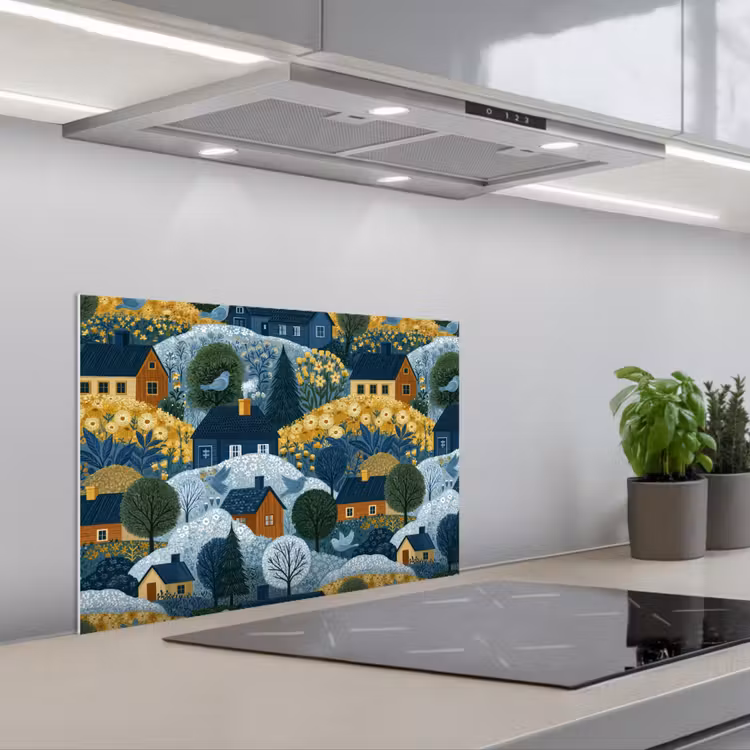 Fond de hotte - Maisons - Fleurs - Motif - Jaune - Bleu — 1