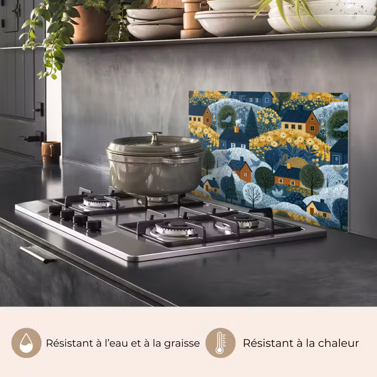 Fond de hotte - Maisons - Fleurs - Motif - Jaune - Bleu — 2