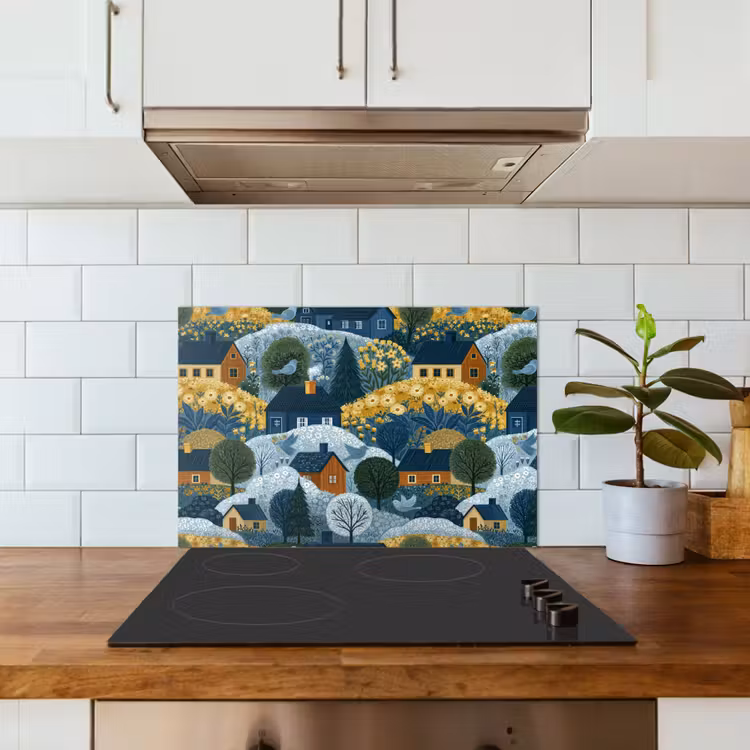 Fond de hotte - Maisons - Fleurs - Motif - Jaune - Bleu — 3