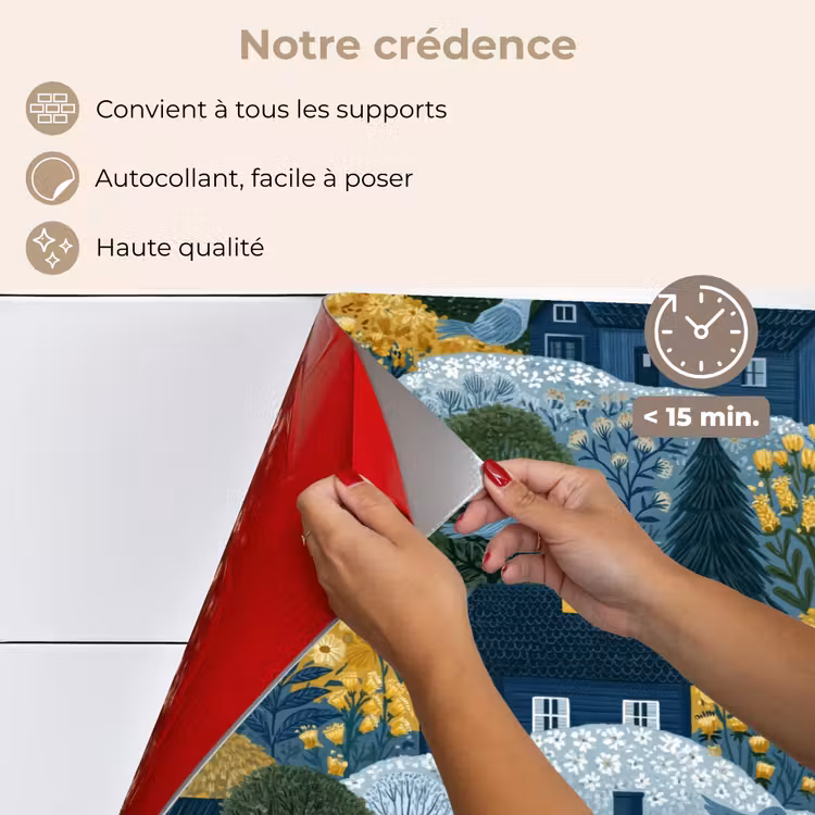 Fond de hotte - Maisons - Fleurs - Motif - Jaune - Bleu — 4