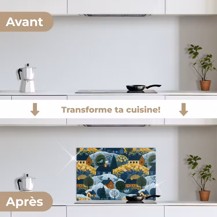 Fond de hotte - Maisons - Fleurs - Motif - Jaune - Bleu — 7