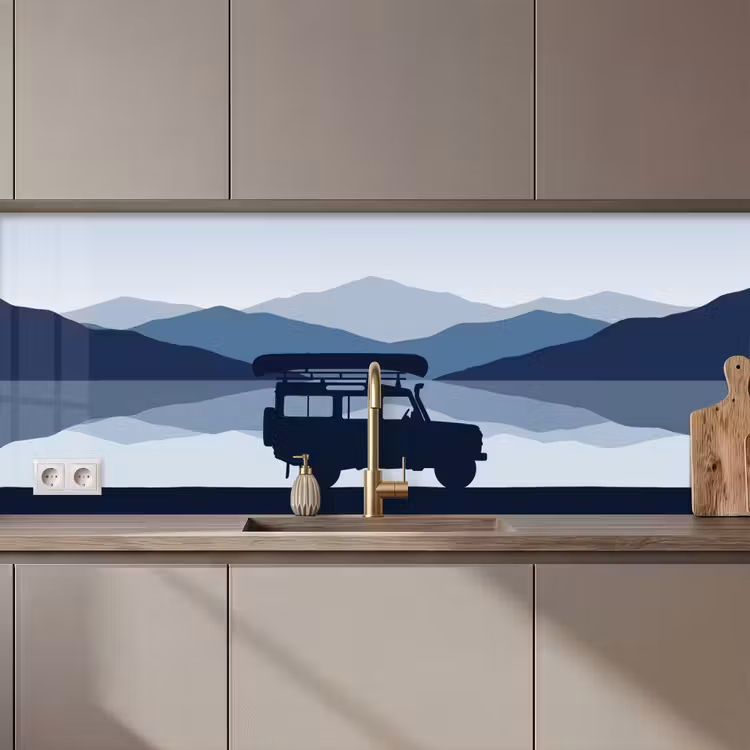 Fond de hotte - Voiture - Lac - Montagnes - Bleu — 1