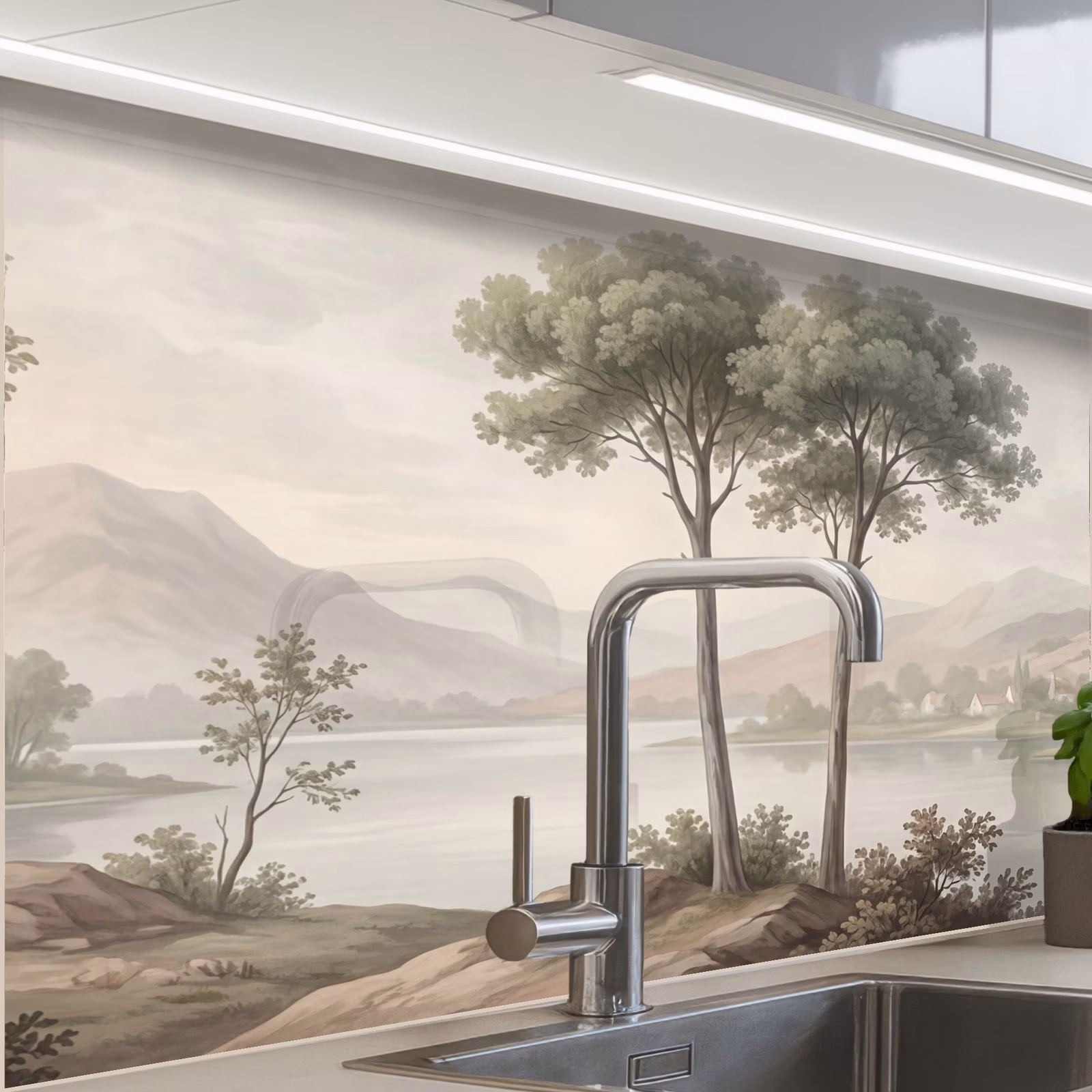 Crédence cuisine - Arbres - Lac - Montagnes - Illustration — 1