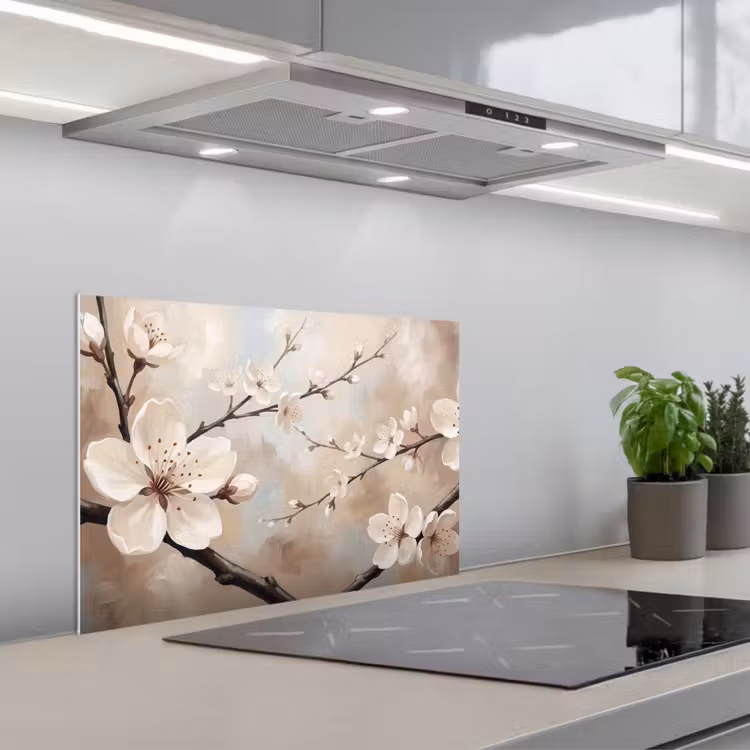 Fond de hotte - Fleur - Branches - Peinture - Beige - Sereine — 1