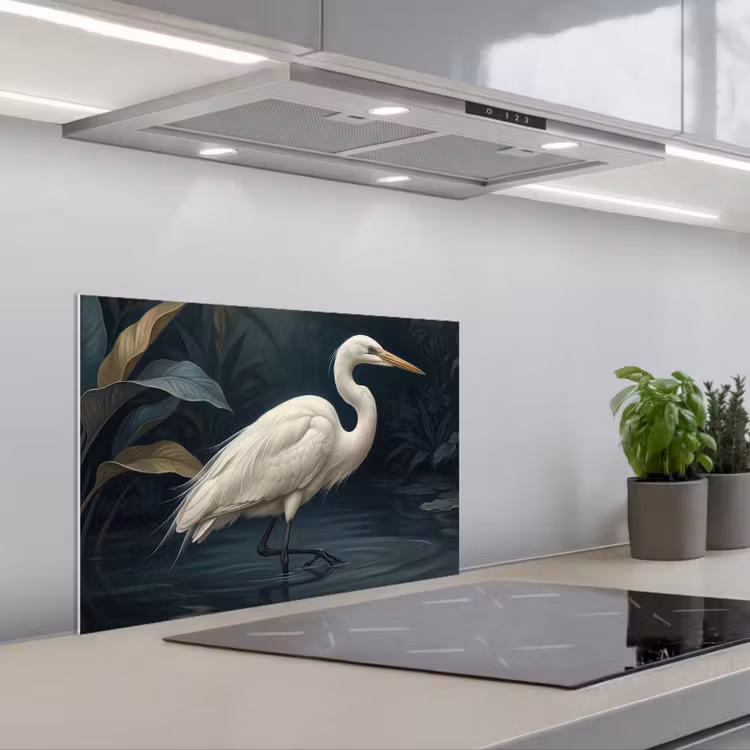Fond de hotte - Héron - Eau - Nature - Moderne - Blanc — 1