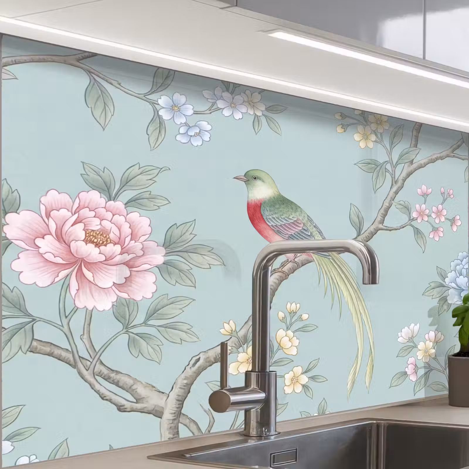 Crédence cuisine - Oiseau - Fleurs - Coloré — 1