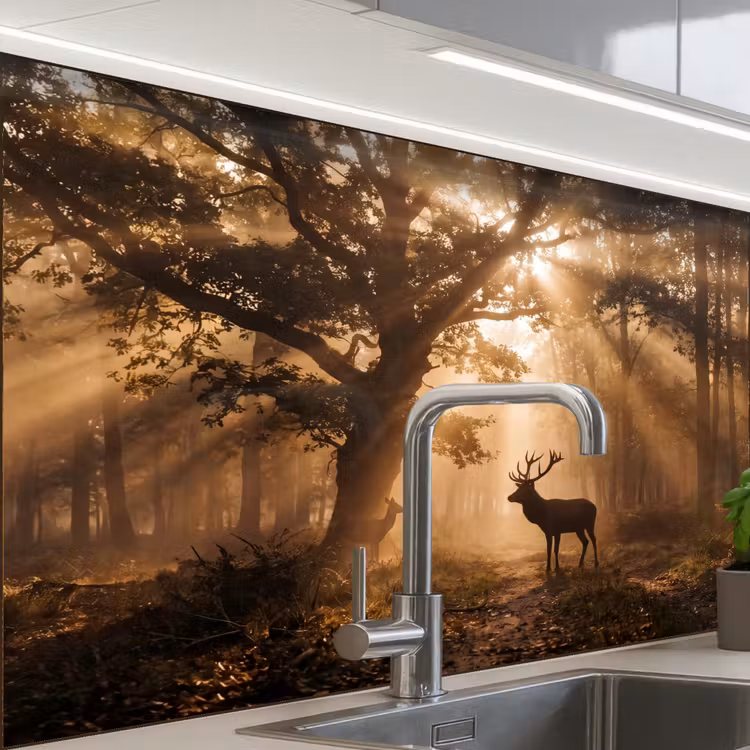 Crédence cuisine - Cerf - Forêt - Brumeux - Nature - Or — 1