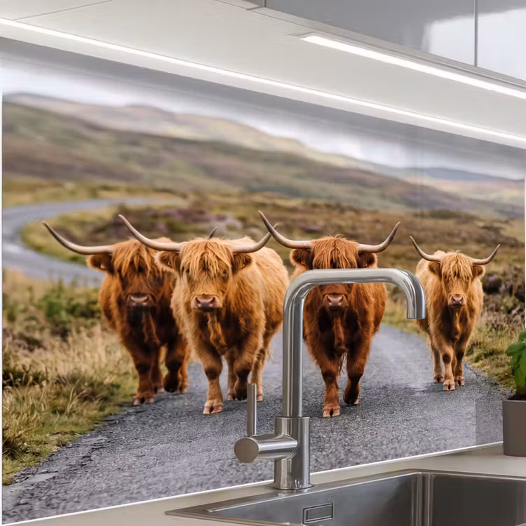 Crédence cuisine - Scottish Highlanders - Route - Paysage - Troupeau — 1