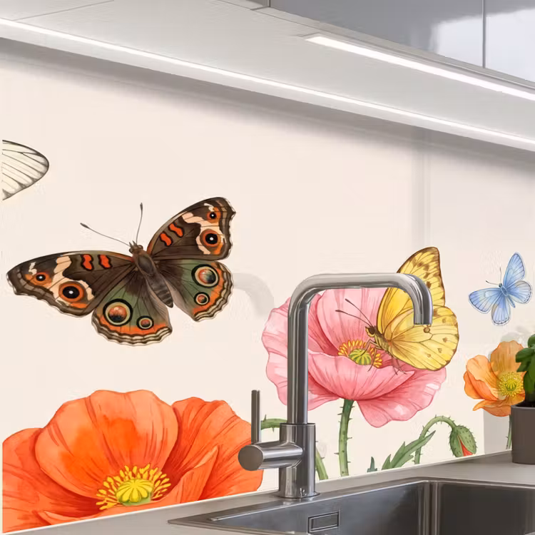 Crédence cuisine - Papillons - Coquelicots - Illustration - Coloré — 1