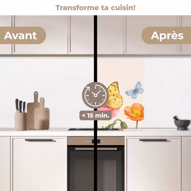 Crédence cuisine - Papillons - Coquelicots - Illustration - Coloré — 2