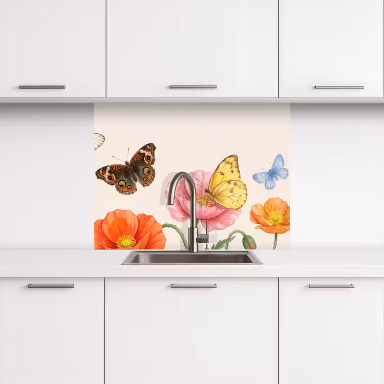 Crédence cuisine - Papillons - Coquelicots - Illustration - Coloré — 3