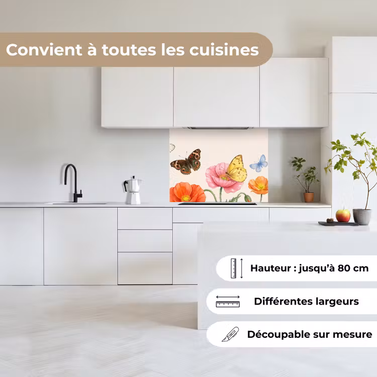 Crédence cuisine - Papillons - Coquelicots - Illustration - Coloré — 6