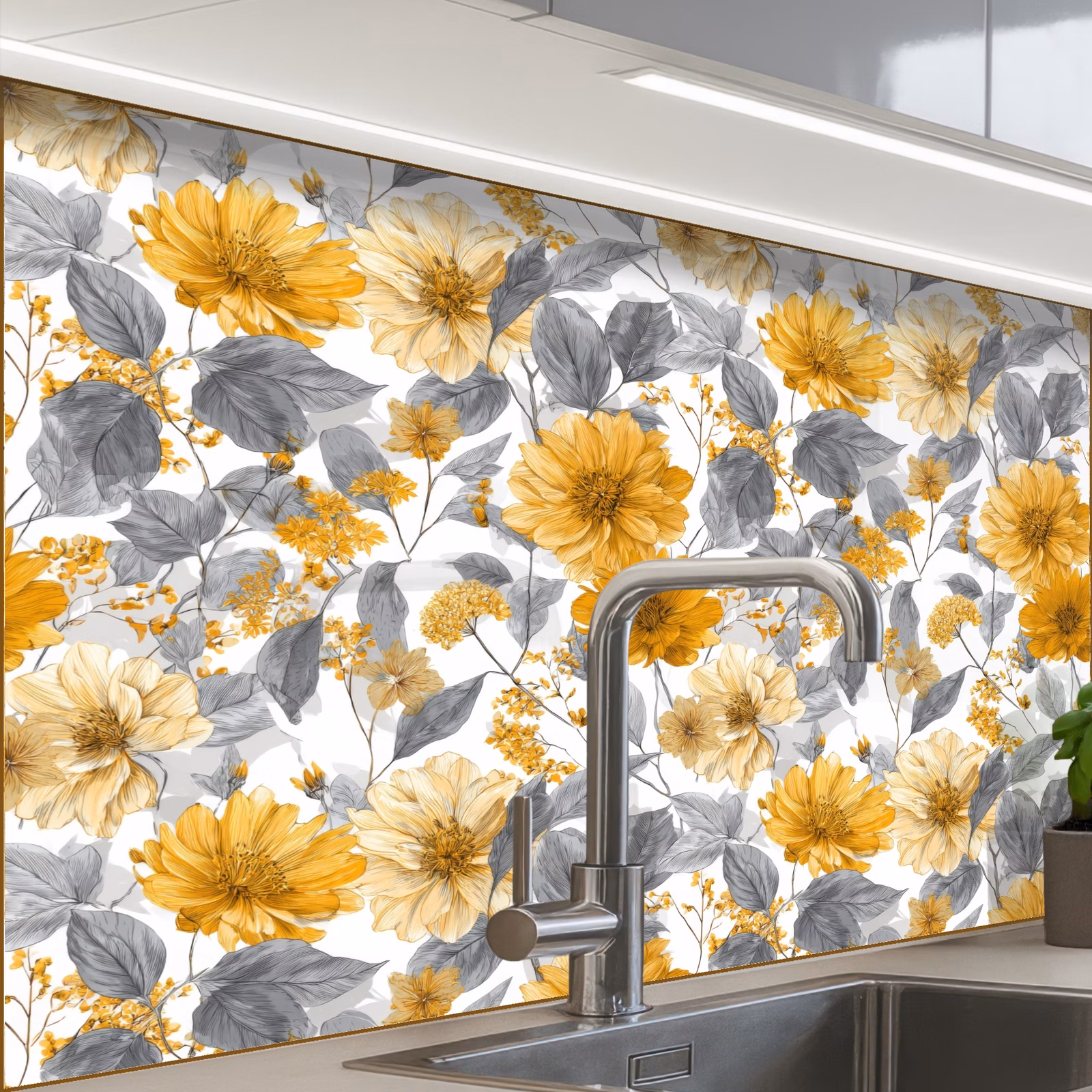 Crédence cuisine - Fleurs - Botanique - Élégant - Jaune ocre - Gris — 1