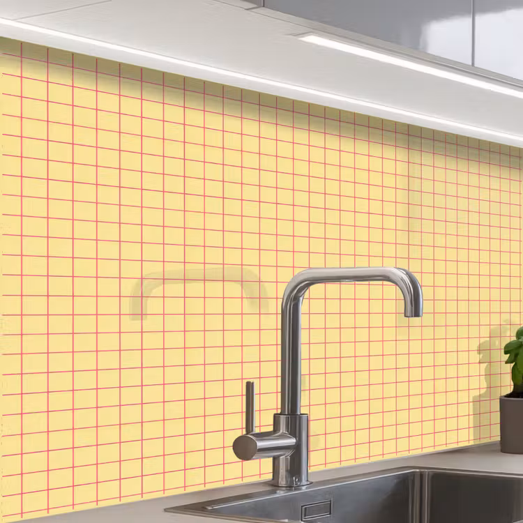 Crédence cuisine - Carreaux - Grille - Minimaliste - Jaune - Rose — 1