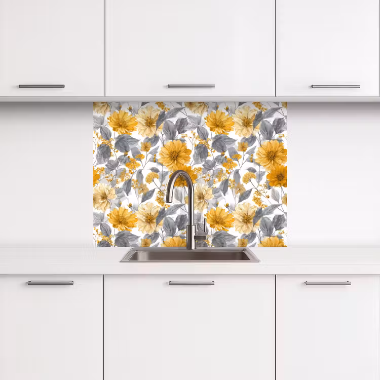 Crédence cuisine - Fleurs - Botanique - Élégant - Jaune ocre - Gris — 3