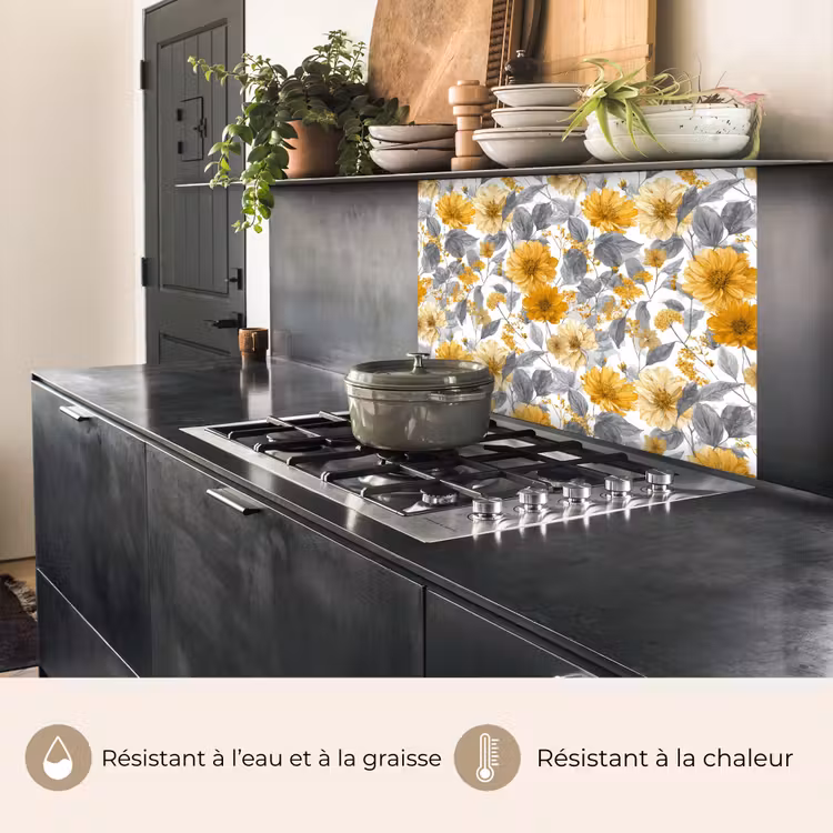 Crédence cuisine - Fleurs - Botanique - Élégant - Jaune ocre - Gris — 4