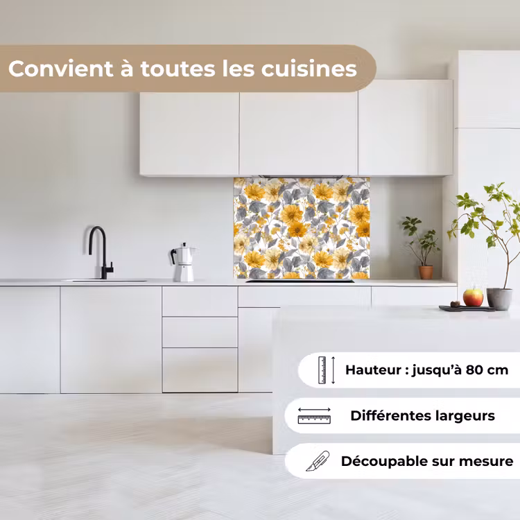 Crédence cuisine - Fleurs - Botanique - Élégant - Jaune ocre - Gris — 6