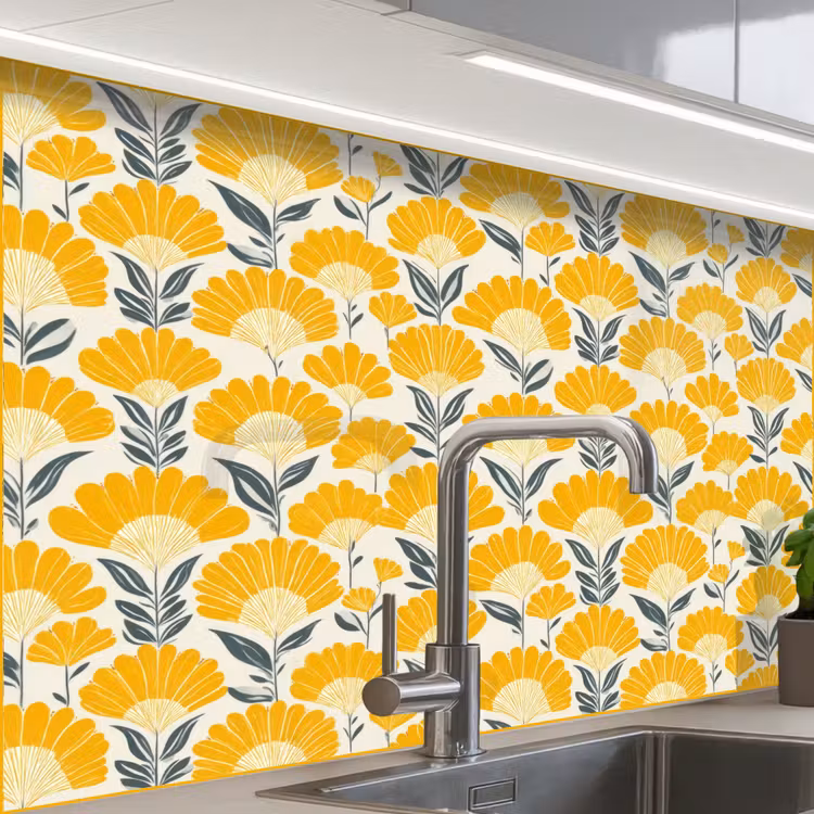 Crédence cuisine - Fleurs - Rétro - Botanique - Jaune ocre - Gris — 1