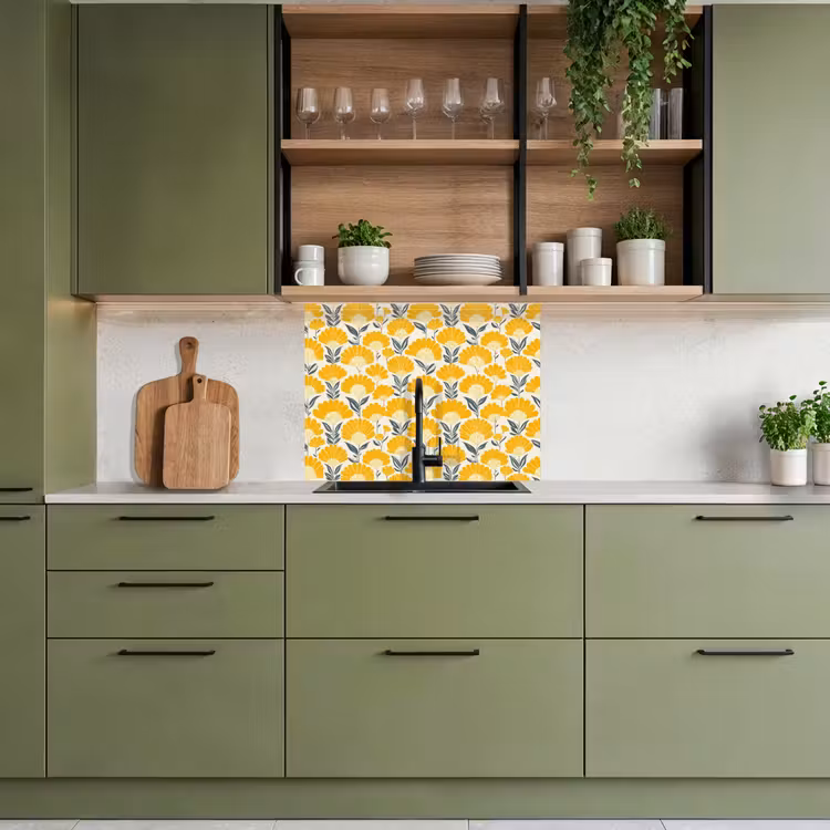 Crédence cuisine - Fleurs - Rétro - Botanique - Jaune ocre - Gris — 7