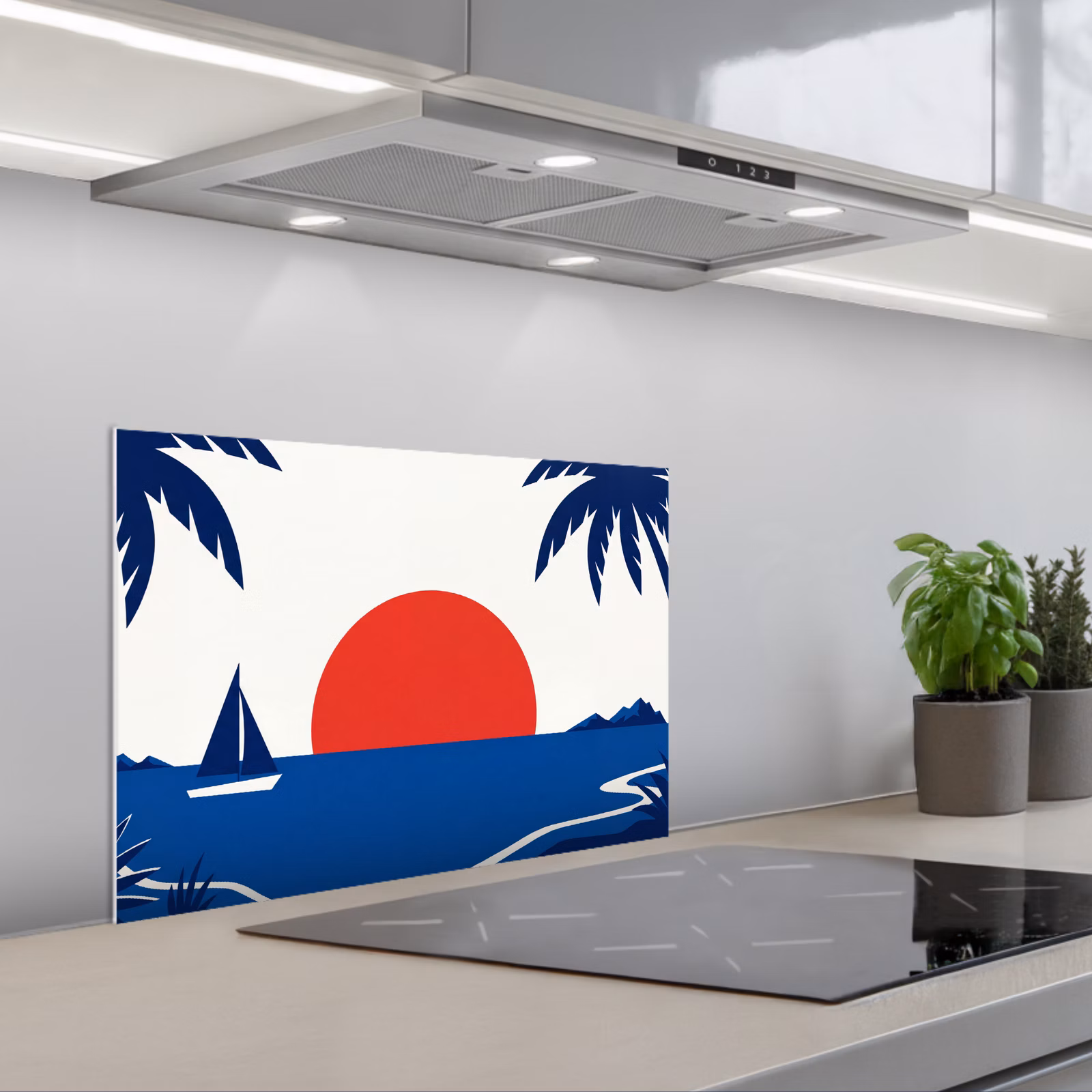 Fond de hotte - Coucher de soleil - Mer - Palmier - Tropical - Moderne — 1