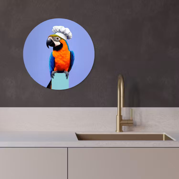 Tableau rond - Perroquet - Chapeau de cuisinier - Oiseau - Amusement — 2