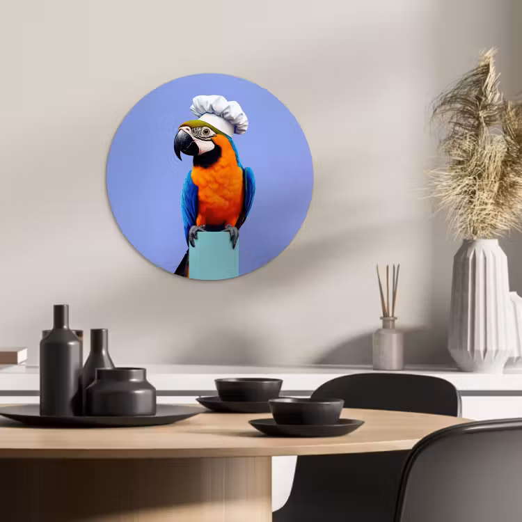 Tableau rond - Perroquet - Chapeau de cuisinier - Oiseau - Amusement — 3