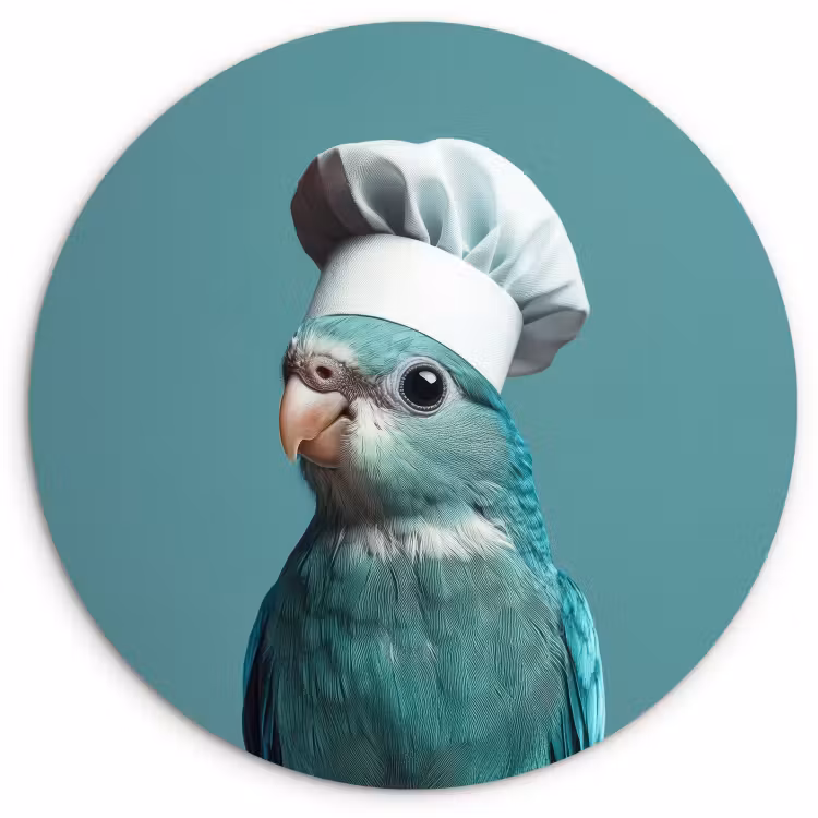 Tableau rond - Perruche - Oiseau - Chapeau de cuisinier - Mignon — 1