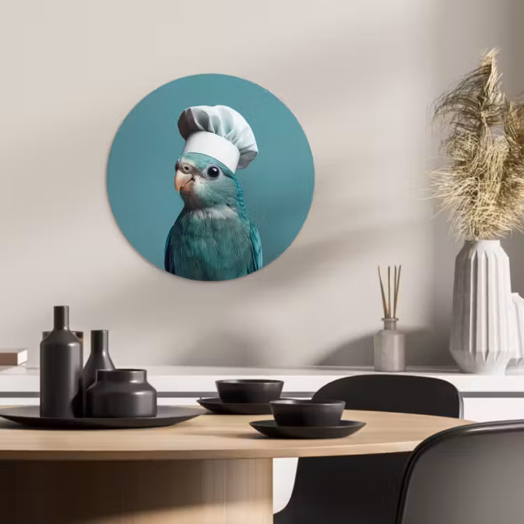Tableau rond - Perruche - Oiseau - Chapeau de cuisinier - Mignon — 3