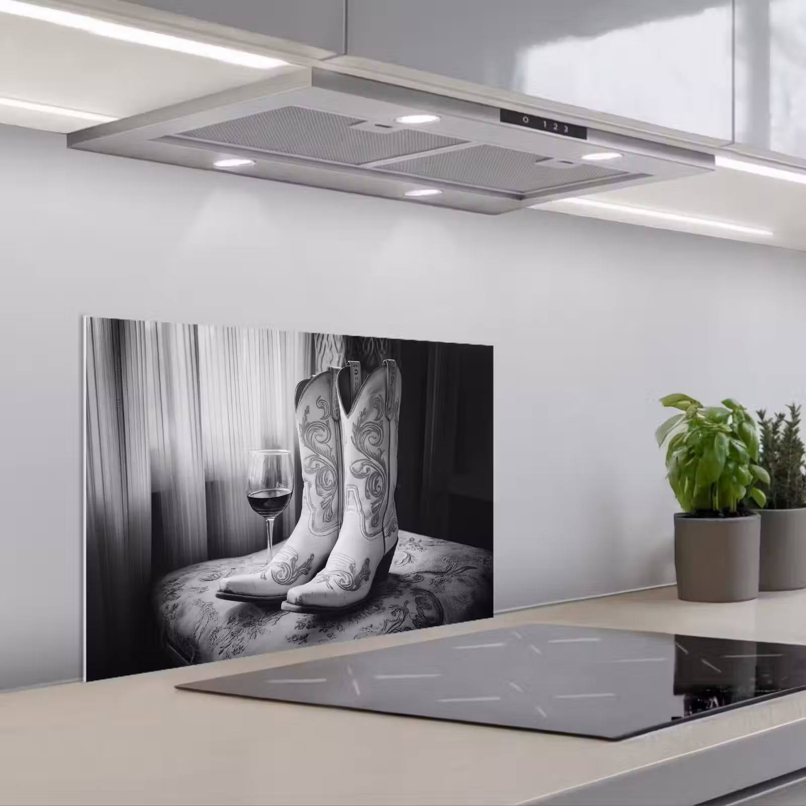 Fond de hotte - Vin - Bottes de cow-boy - Luminaire de fenêtre - Blanc — 1