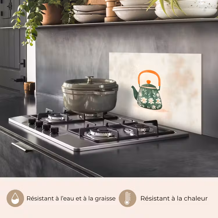 Fond de hotte - Théière - Vert - Fleurs - Orange — 2