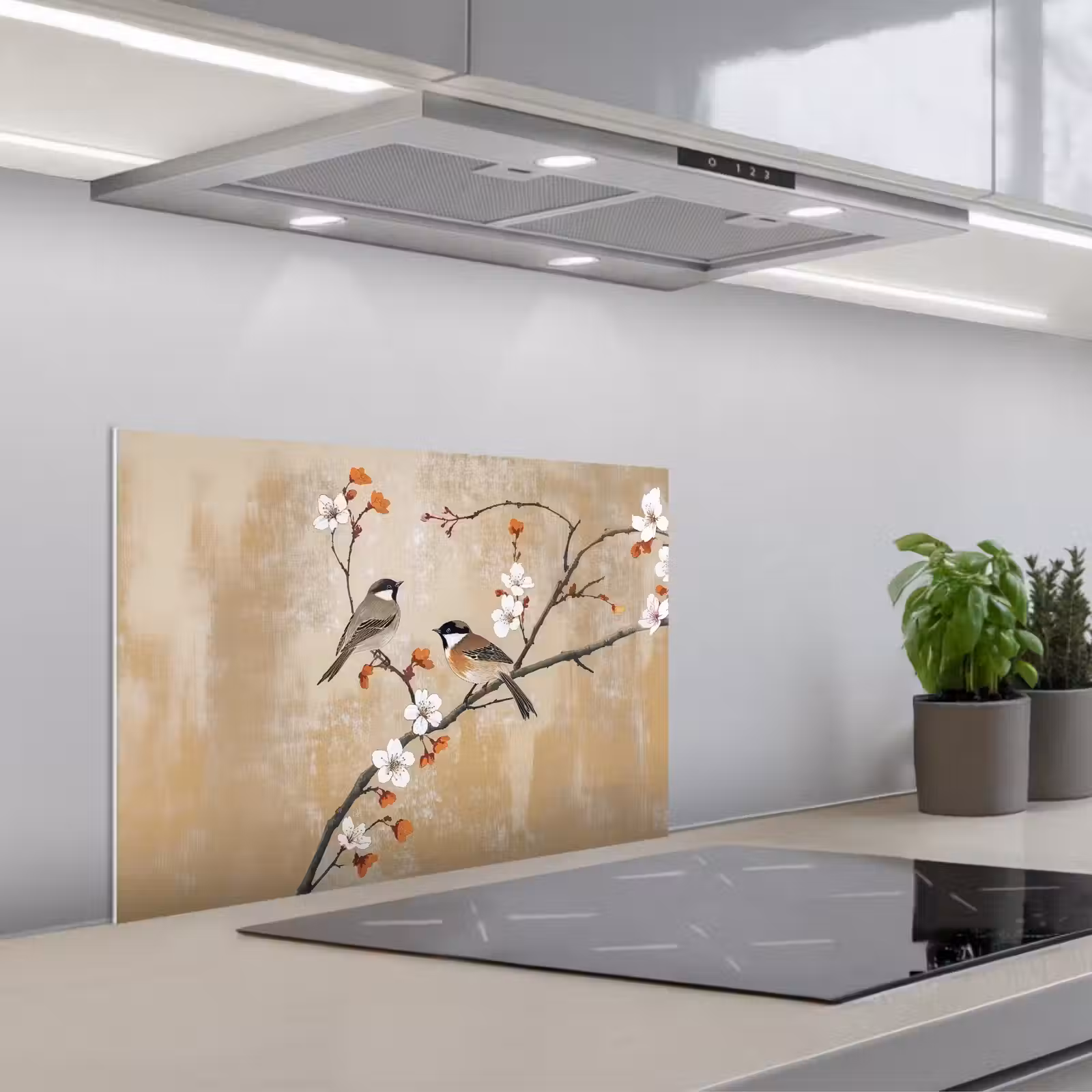 Fond de hotte - Oiseaux - Branche fleurie - Orange — 1