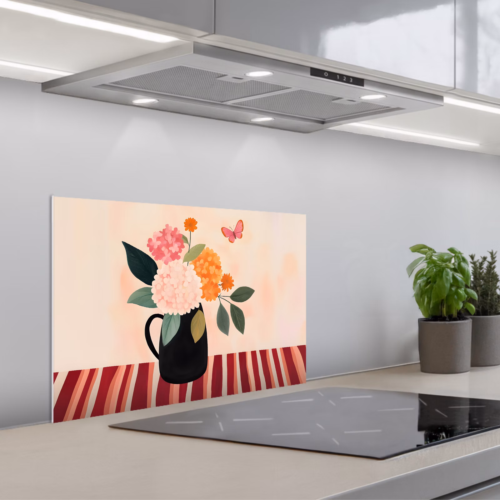 Fond de hotte - Vase - Fleurs - Papillon - Rouge — 1
