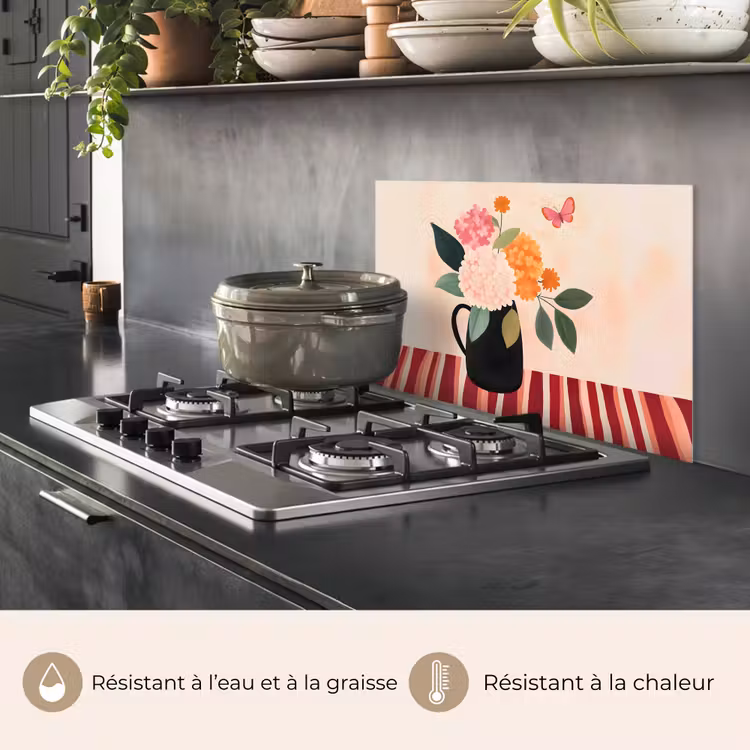 Fond de hotte - Vase - Fleurs - Papillon - Rouge — 2