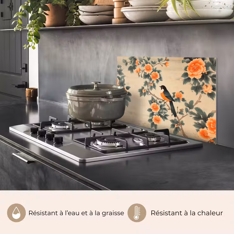 Fond de hotte - Oiseau - Branche - Fleurs - Orange — 2