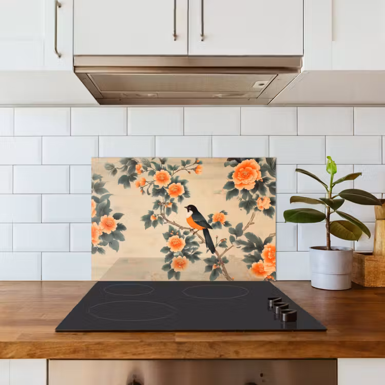 Fond de hotte - Oiseau - Branche - Fleurs - Orange — 3