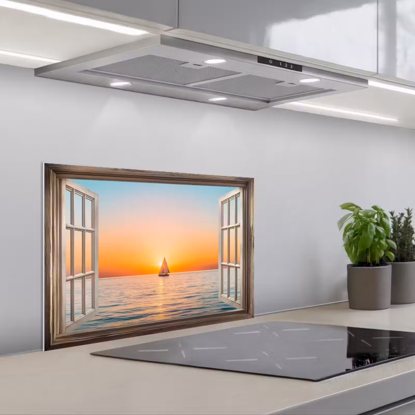 Fond de hotte - Vue en transparence - Mer - Bateau - Coucher de soleil — 1