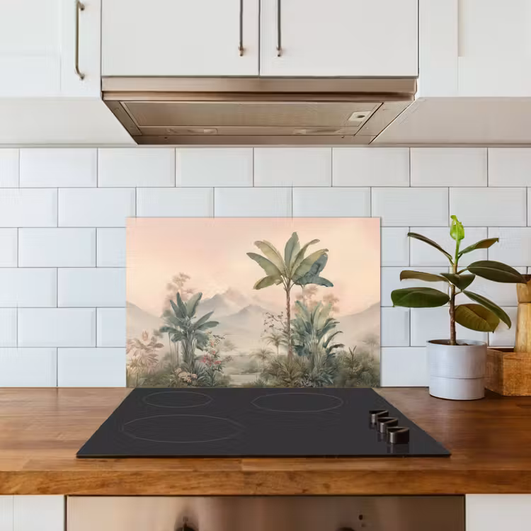 Fond de hotte - Paysage tropical - palmiers - Fleurs - Ciel rose — 3