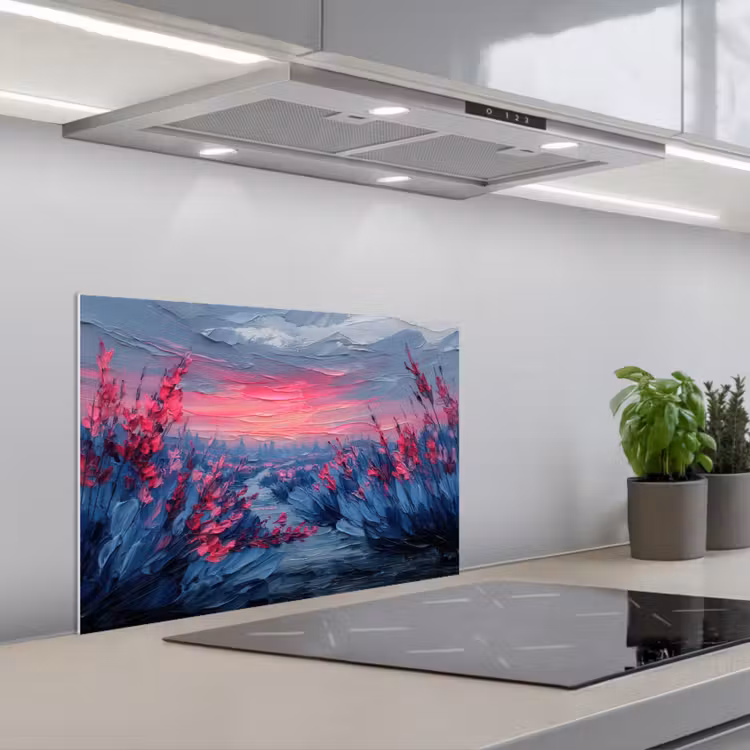 Fond de hotte - Peinture - Coucher de soleil - Fleurs - Rivière — 1